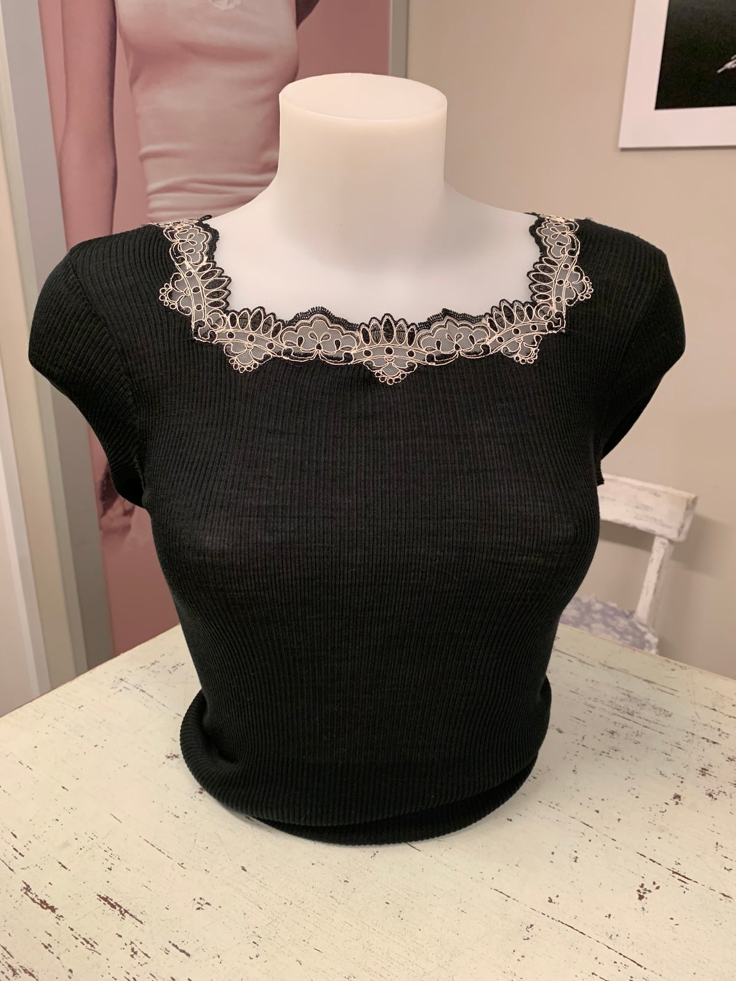 Fraly manica lunga lana seta a costina pizzo bicolore art DF7142