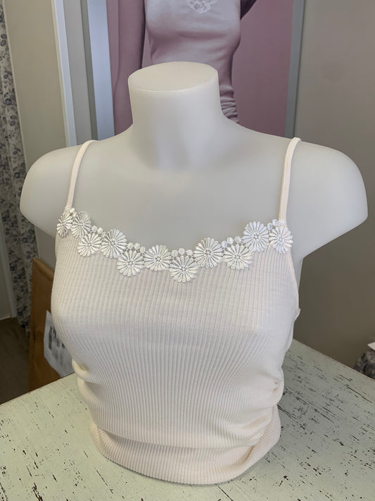 Lisanza canotta Lana Seta V a costina con pizzo fiorito in macramè  (Art. 1621)