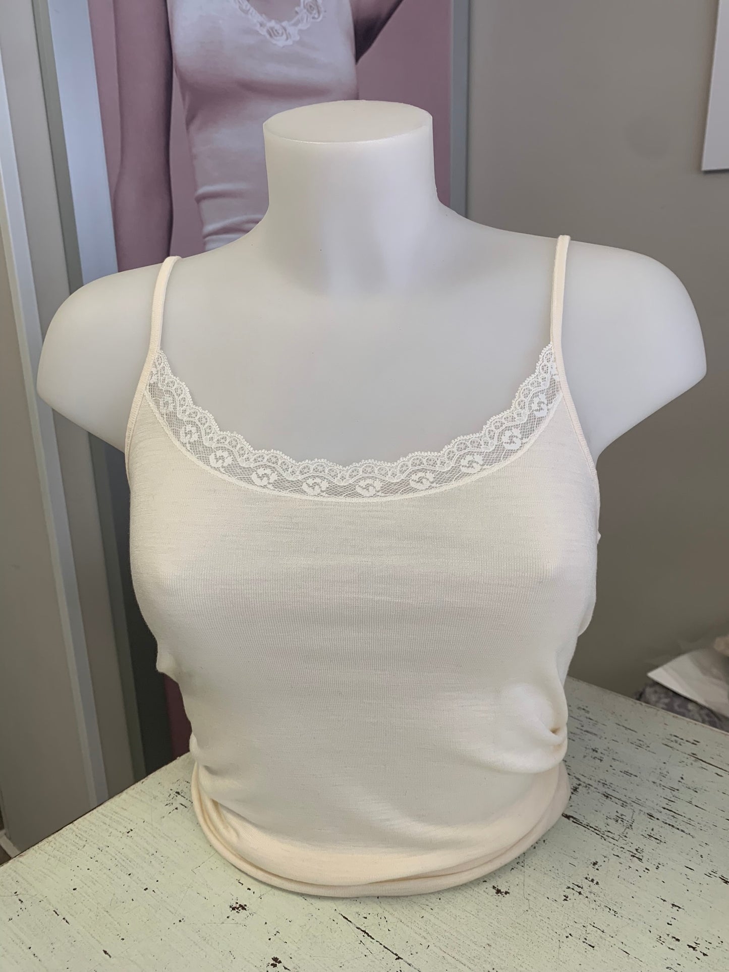 Lisanza canotta Lana Seta V - Pizzo a Fascia  Ricamata (Art. 1627)