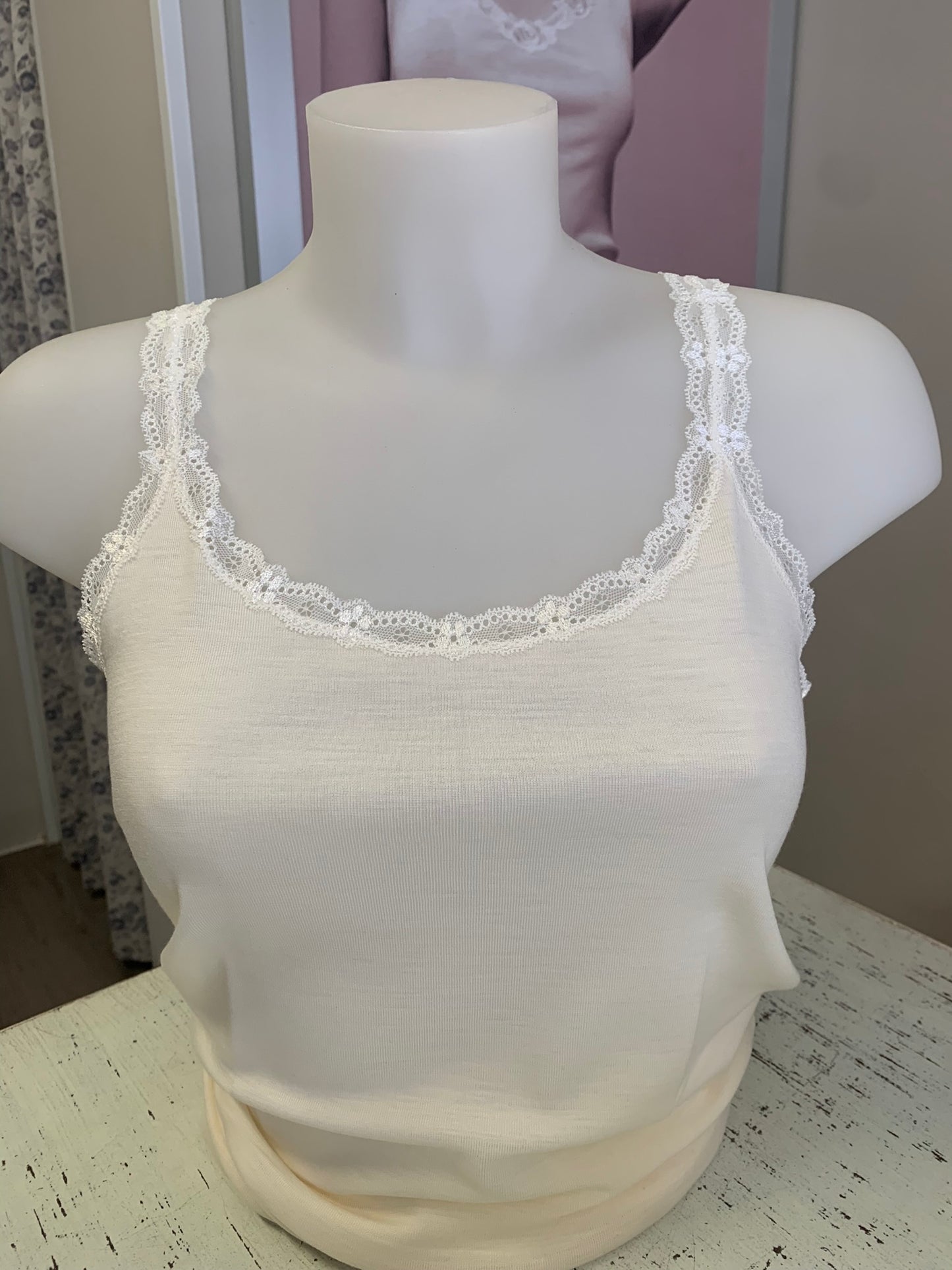 Lisanza canotta spallina lana seta a costina pizzo elastico (Art. 1682)