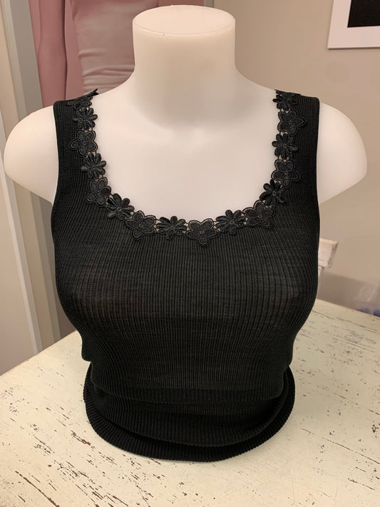 Lisanza canotta spalla larga costina lana seta pizzo macrame art 2677