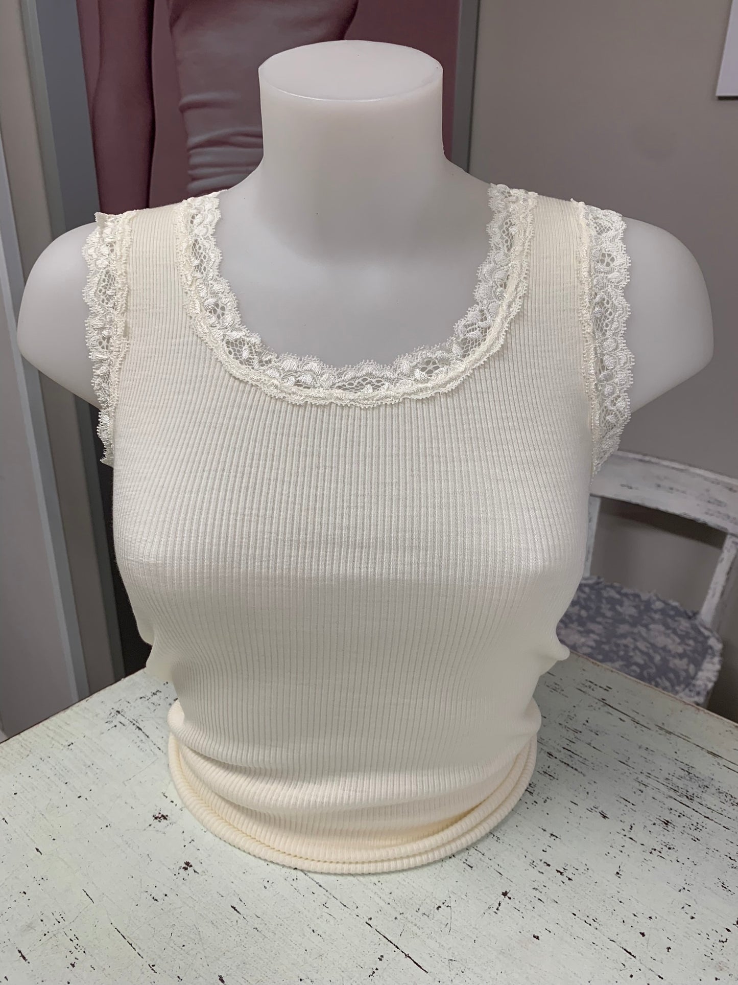 Fraly canotta spalla larga costina lana seta pizzo elastico art DF6901