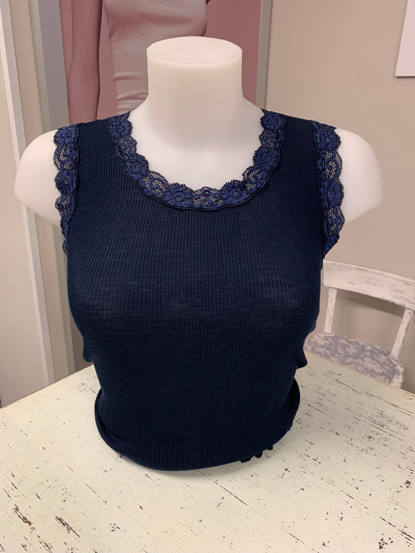 Fraly canotta spalla larga costina lana seta pizzo elastico art DF6901