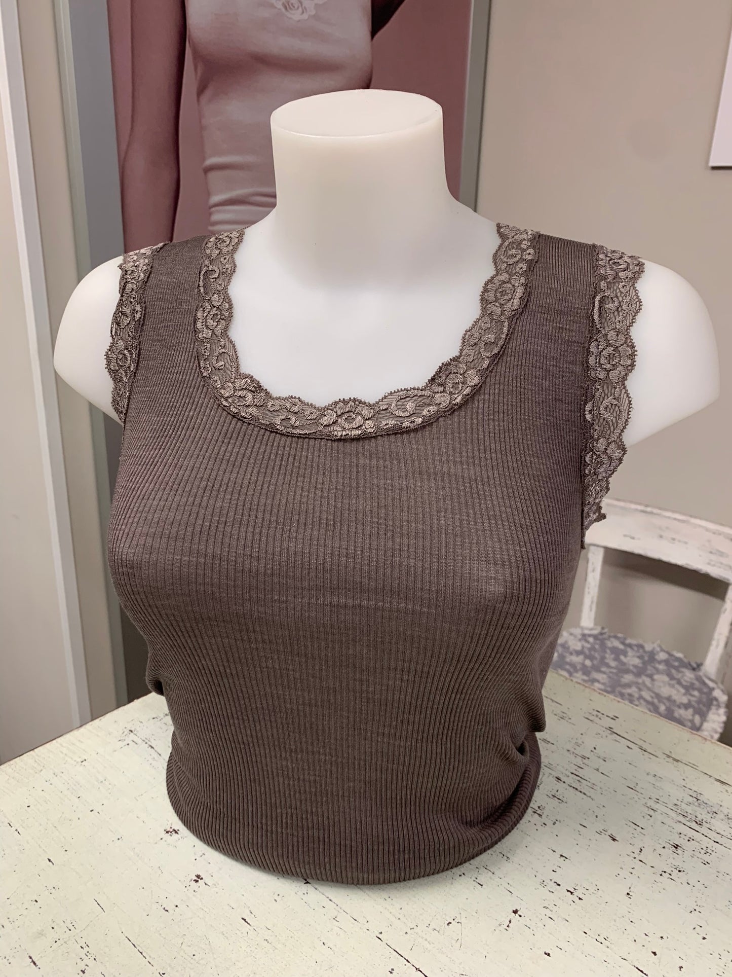 Fraly canotta spalla larga costina lana seta pizzo elastico art DF6901