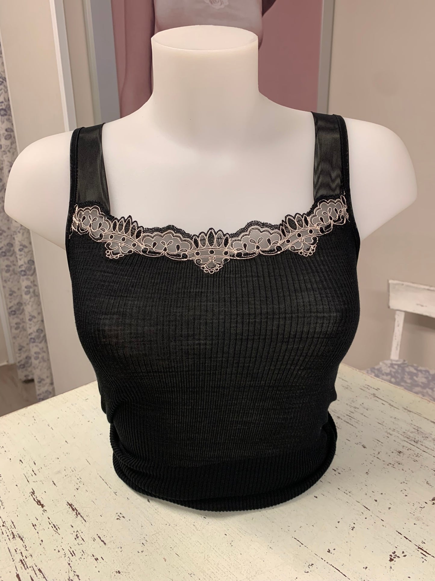 Fraly canotta spalla larga lana seta costina pizzo bicolore artDF7140