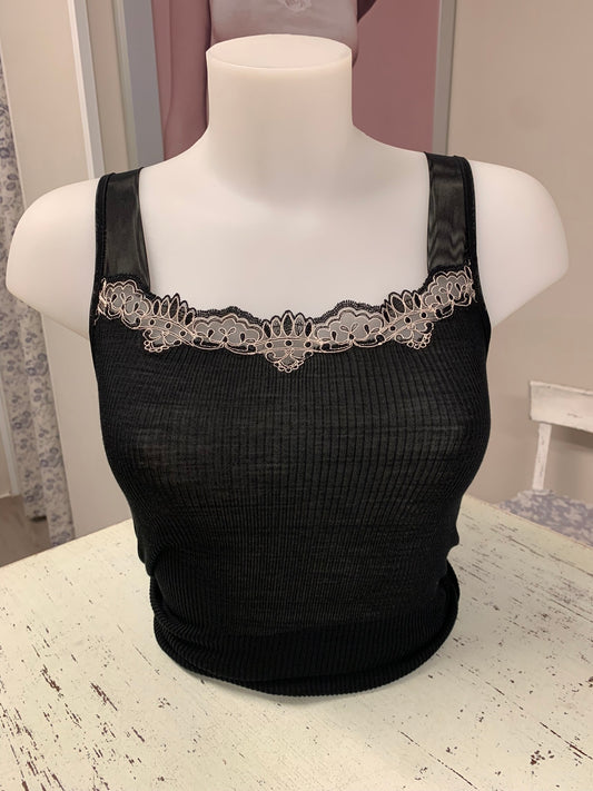 Fraly canotta spalla larga lana seta costina pizzo bicolore artDF7140