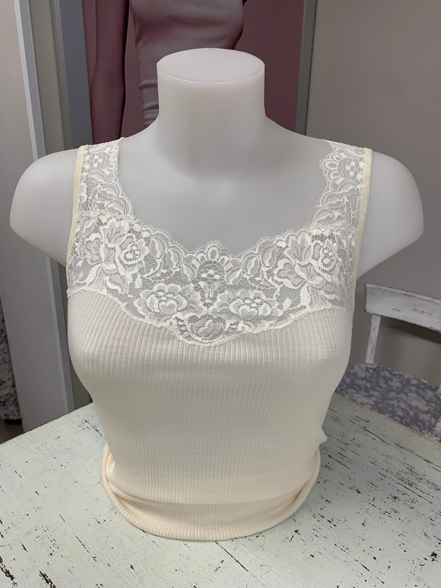 Fraly canotta lana seta costina pizzo elastico scollo quadrato art DF 7148